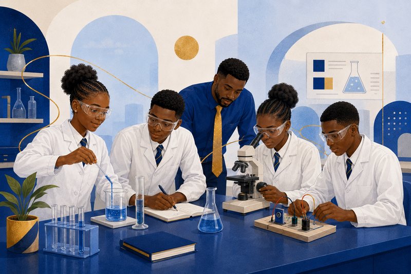 Students conduct experiments, examine samples, and test a circuit together in the school science laboratory.