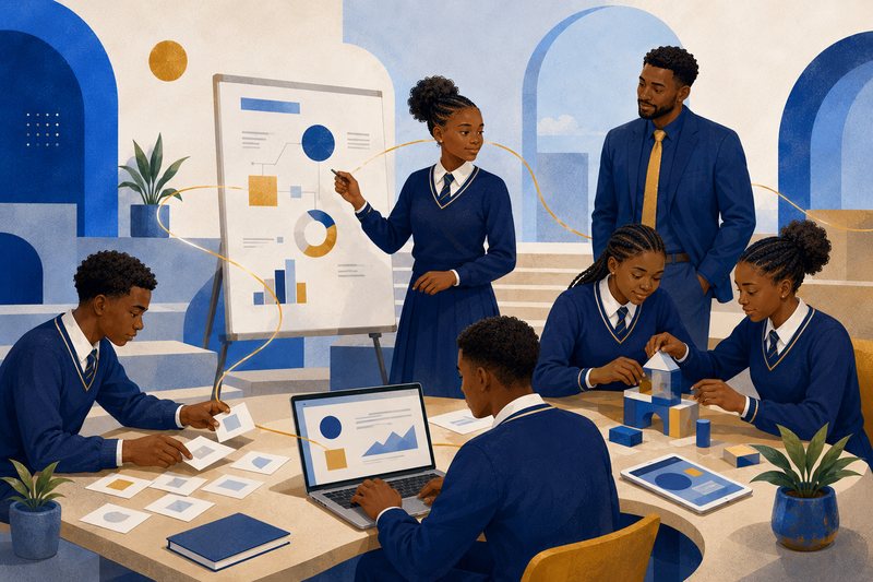 Students collaborate with digital tools and present ideas during an interactive leadership workshop.
