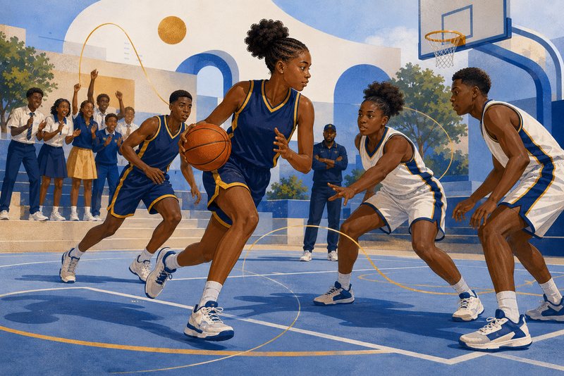Students compete in a friendly basketball game while classmates and a coach support them from the sidelines